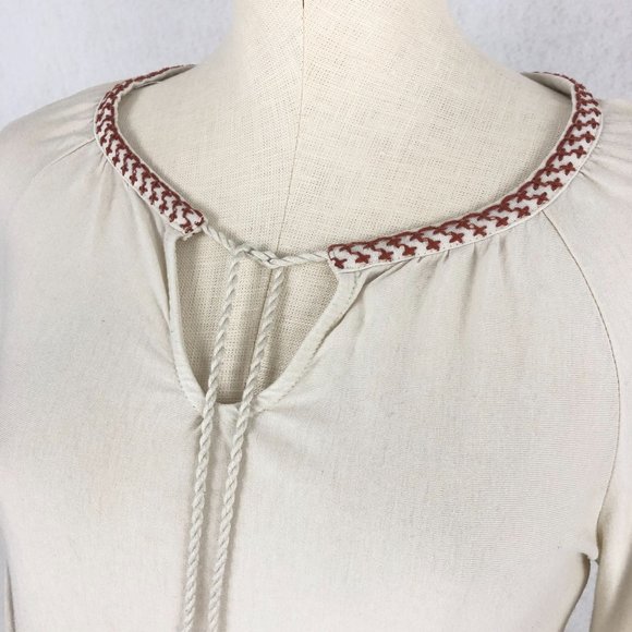 Fever Women's Size XS Boho Cream Burnt Orange Embroidered Tassel Tie Top Blouse - Picture 5 of 10